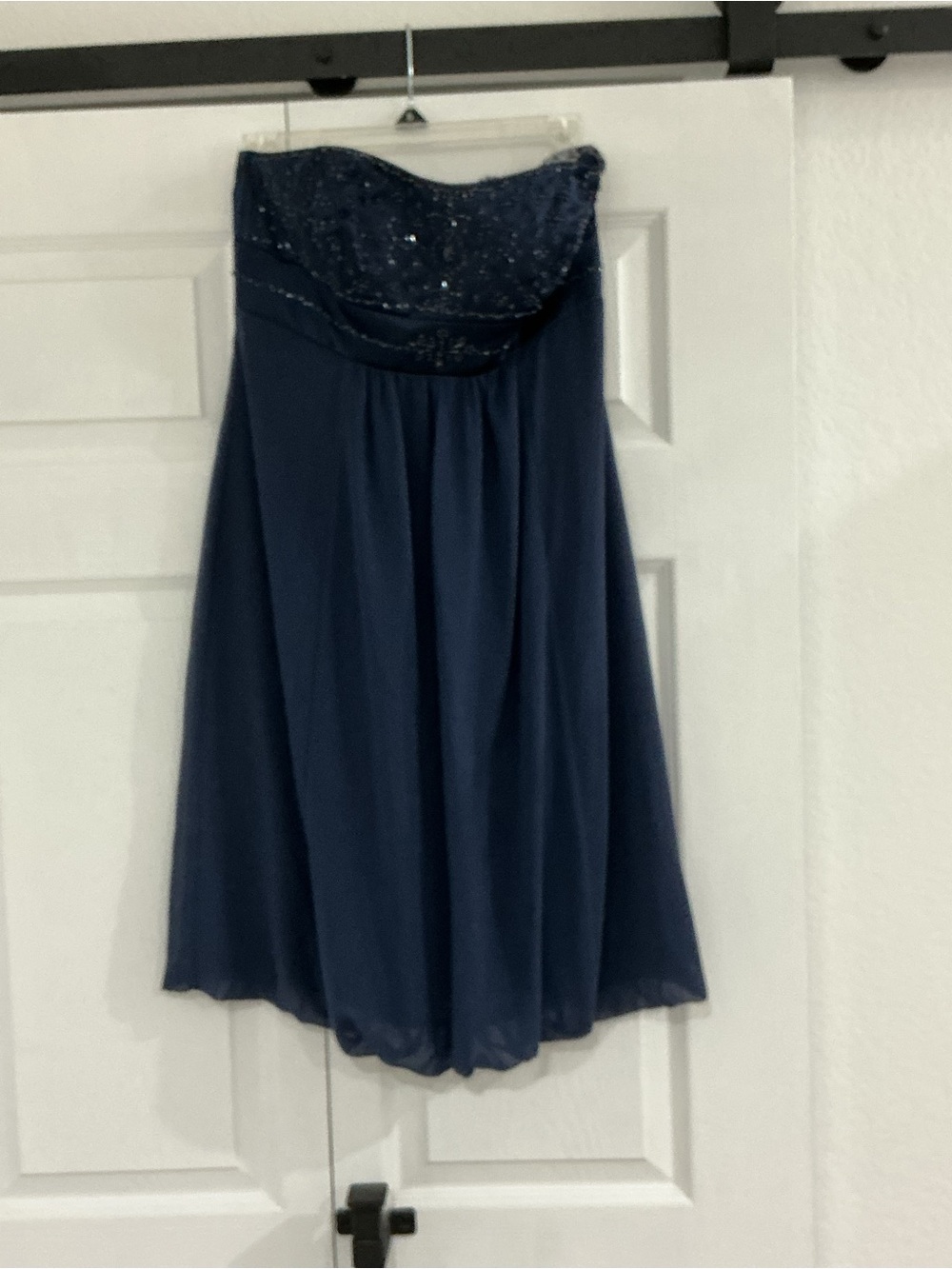 Strapless Navy Evening Dress with Beaded Bodice